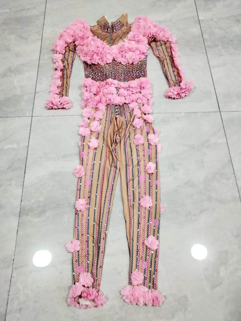 Pink Flower Rhinestones Jumpsuit Women Birthday Party Drag Queen Dance Costume Long Sleeve Elastic Leotard Singer Stage Wear