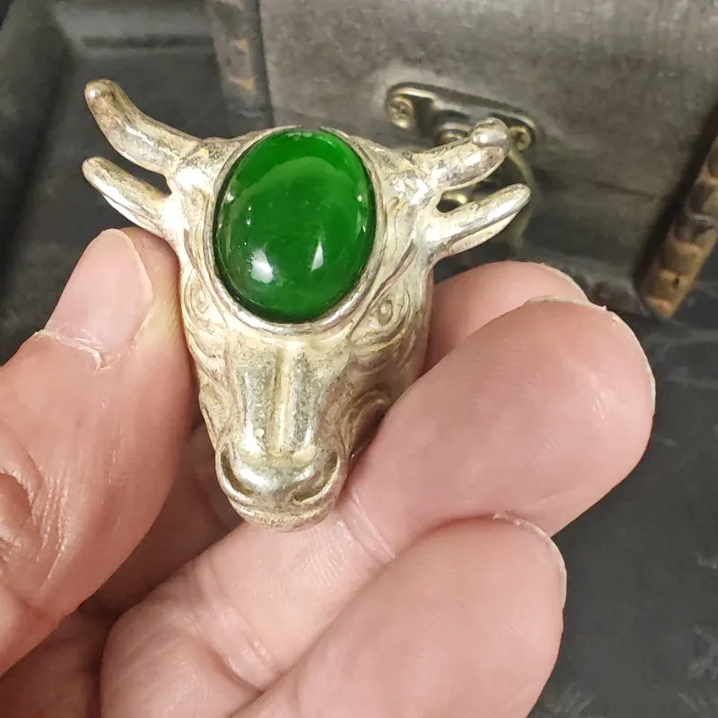 3D bull‑head carving, round imitation green jade, animal totem, vintage silver finish, unisex adjustable statement ring 6