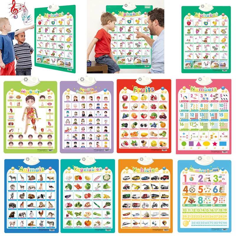 9PCS/Set English Talking Poster Alphabet Numbers Fruits Animals Electronic Interactive Wall Chart for Kids Early Educational Toy