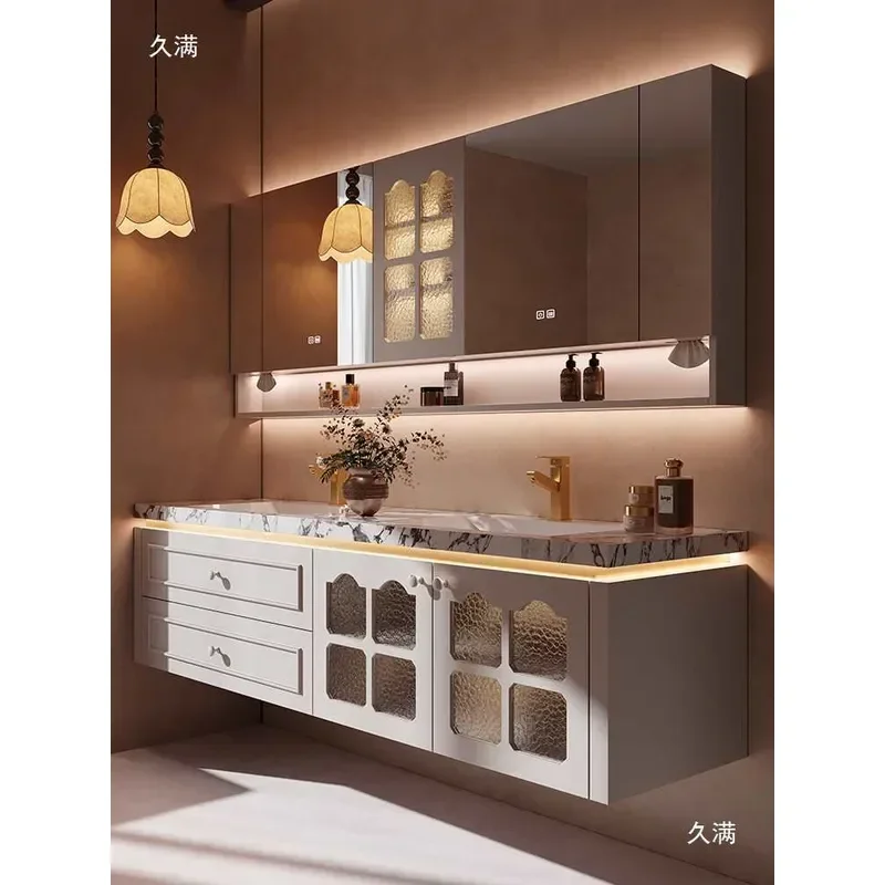 French Retro Double Basin Bathroom Cabinet Rock Slab Ceramic Seamless Integrated Washbasin Vanity Unit Combination