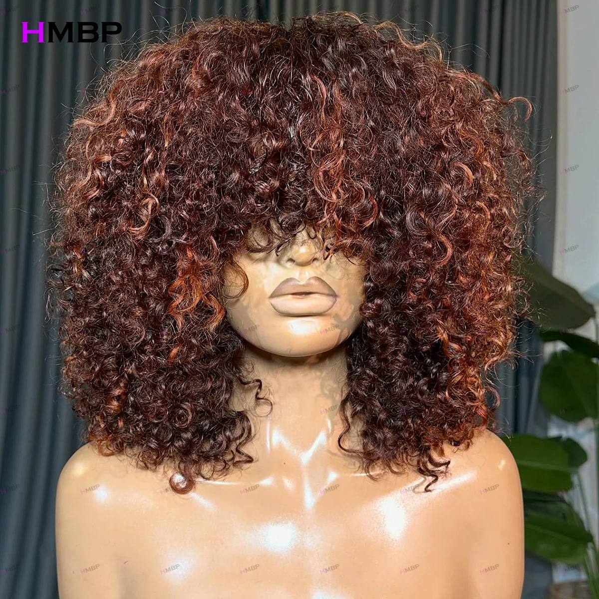 Multi Density Afro Kinky Curly Wig Brazilian Hair With Bangs #4/350 Ginger Orange Highlight Human Hair Wig For Women Wear To Go