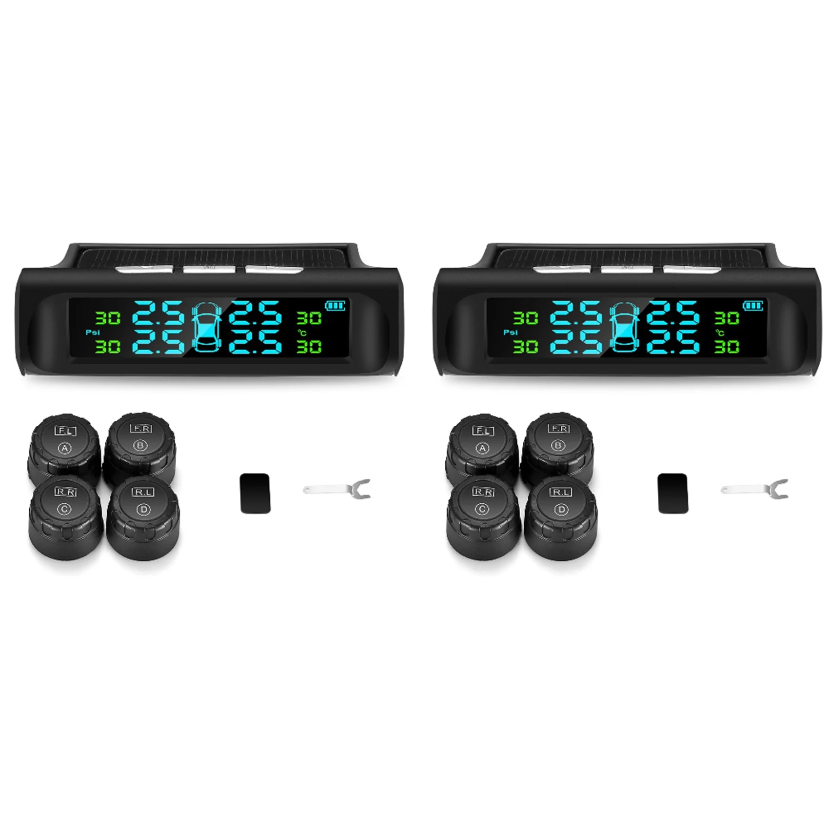 

2X Solar Tpms Car Tire Pressure Alarm Monitoring System 4 External Automatic System Tire Pressure Temperature Warning