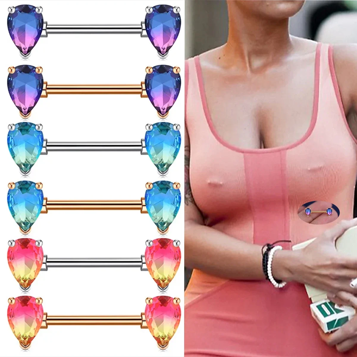 14 g Nippelpiercing-Stab-Ring mit eingelegtem Wassertropfen-Schliff, Zirkon, eleganter Körperpiercing-Schmuck, Dekor, 1 Paar