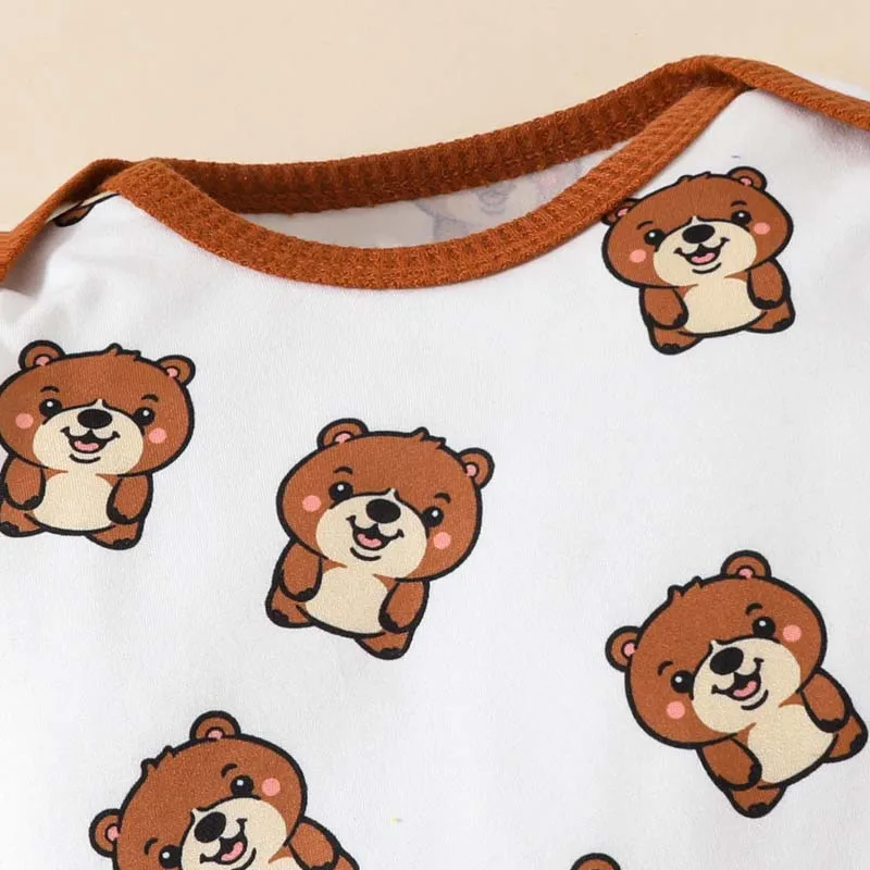 Autumn Newborn Infant Baby Boys Set 3-Piece Set Cute Bear Long Sleeve Bodysuit Waffle Trousers Hat Baby Clothes 0 To 18 Months