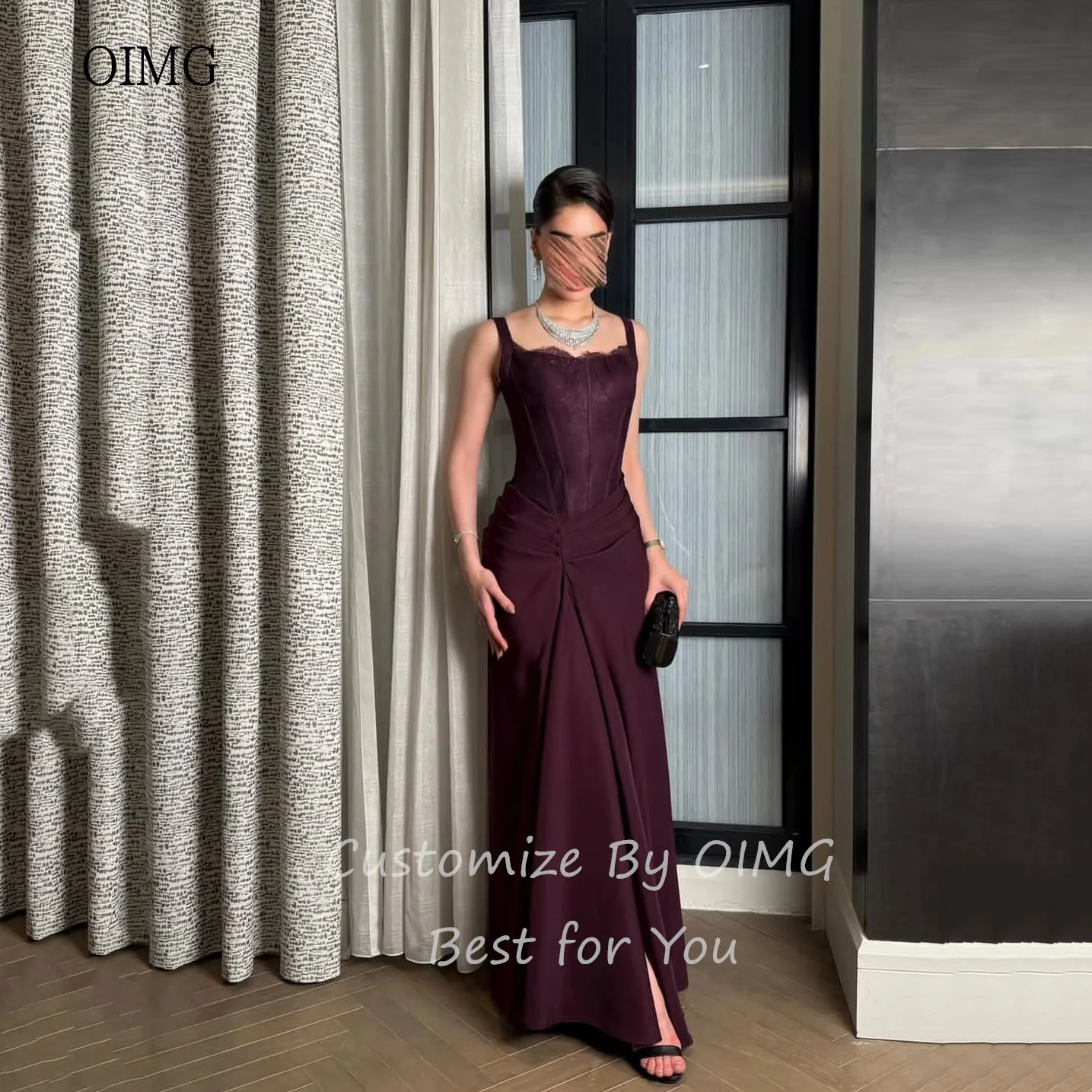 

OIMG Classic Dark Red Mermaid Formal Prom Gowns Lace Wide Strap Evening Dress Side Slit Long Party Dresses 2025 Customized