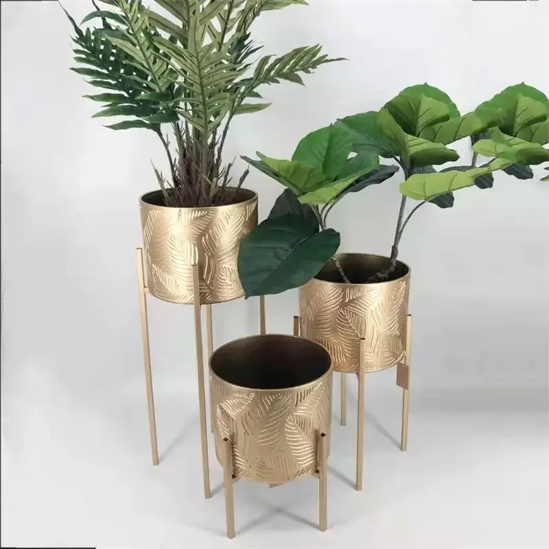 Modern Gold Iron Plant Rack Three-Piece Green Potted Flower Bucket Set Concave Pattern Design Round Flower Pot Holder