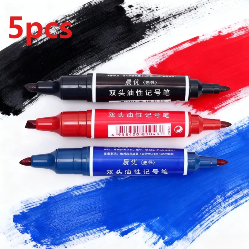 

5pcs Black Red Blue Oil Marker Pens Double Headed Permanent Markers 2mm/6mm Waterproof Quick-Drying Marker Pens for Stationery