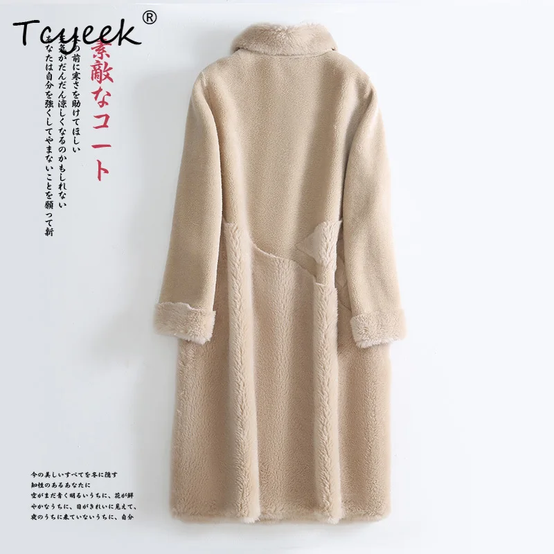 Tcyeek 100% ขนสัตว์ฤดูใบไม้ร่วงฤดูหนาวสไตล์เกาหลีแบบบูรณาการสแควร์Beigeความยาวปานกลางผู้หญิงเสื้อขนสัตว์Fourrures femme