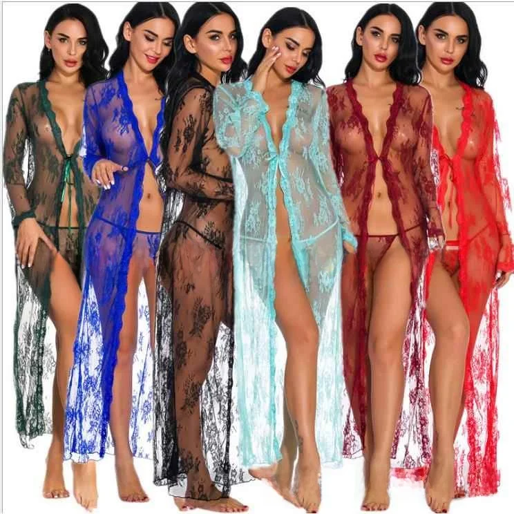 

Black Lace Lingerie Long Nightgown with Cardigan Home Clothes Sleepwear for Men Autumn Season Classic Style No Brand Registered