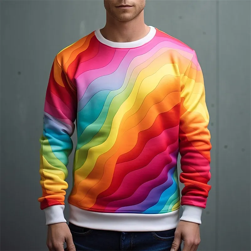 

3D Rainbow Colorful Print Sweatshirt For Men Fashion Feel Long Sleeve Round Neck Hoodies Autumn Stylish Comfortable Male Clothes