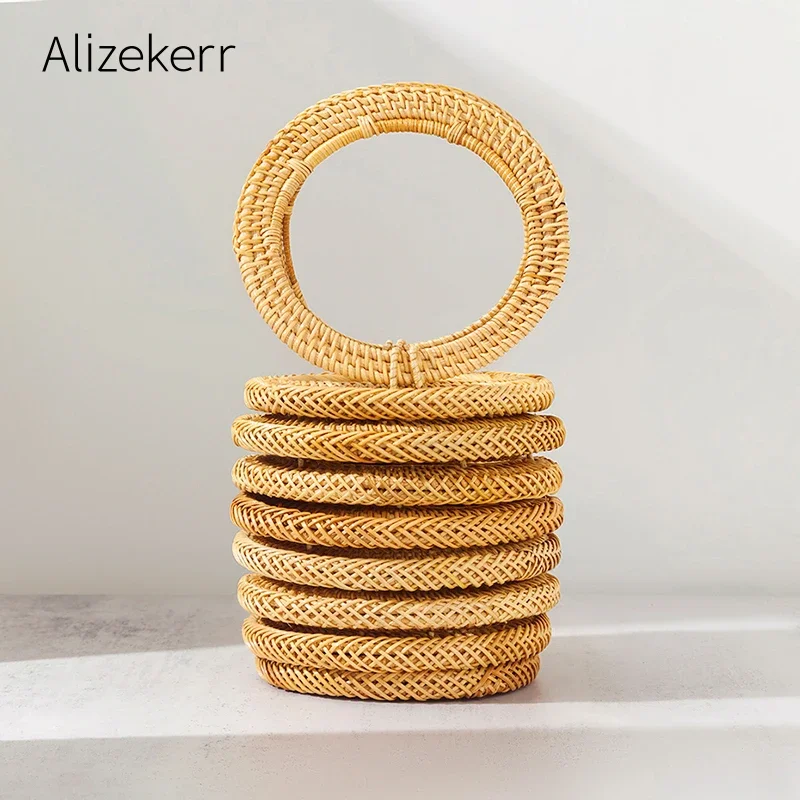 

Alizekerr Bucket Beach Rattan Bags Women Summer Holiday Boutique Elegant Hand Woven Round Handle Straw Handbags High Quality