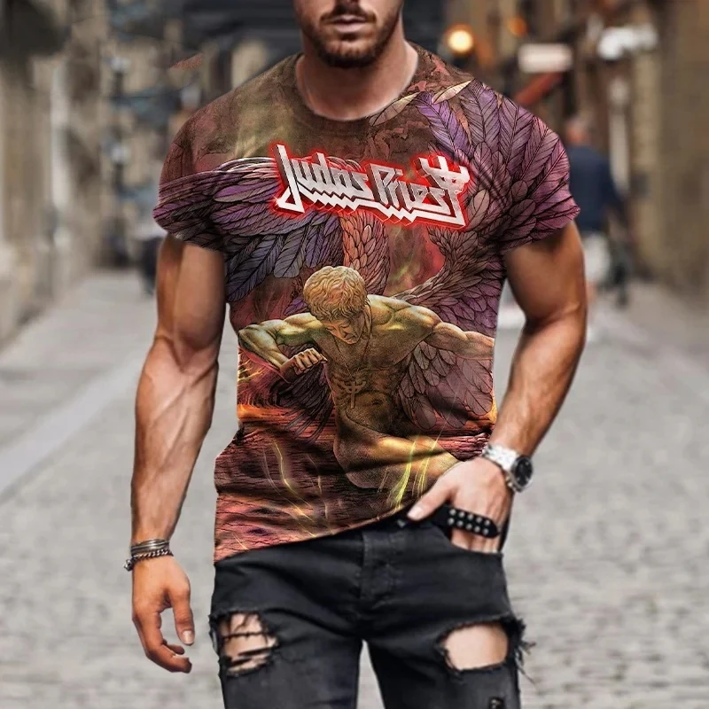 Street Trend Oversized Tees Fashion Hip Hop T shirts Rock Judas Priest Band 3D Printed Men Casual Round Neck Short Sleeve Tops