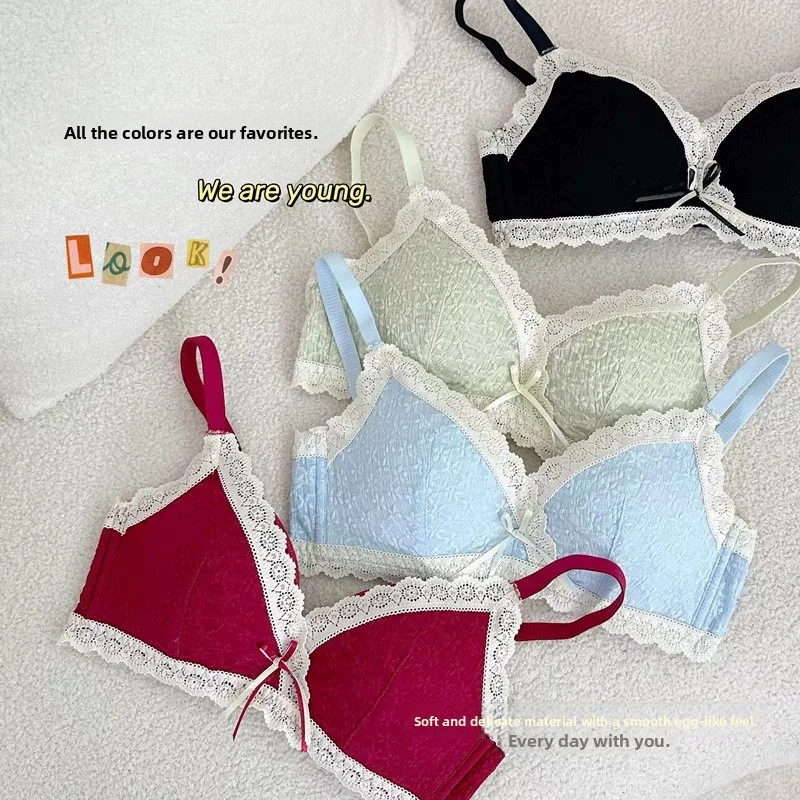 

Pure Desire Women's Bra Underwear Set Steel Ring Anti-Sagging Sexy Gathered Chest Red Bra Ensemble Gathered Sponge Fabric