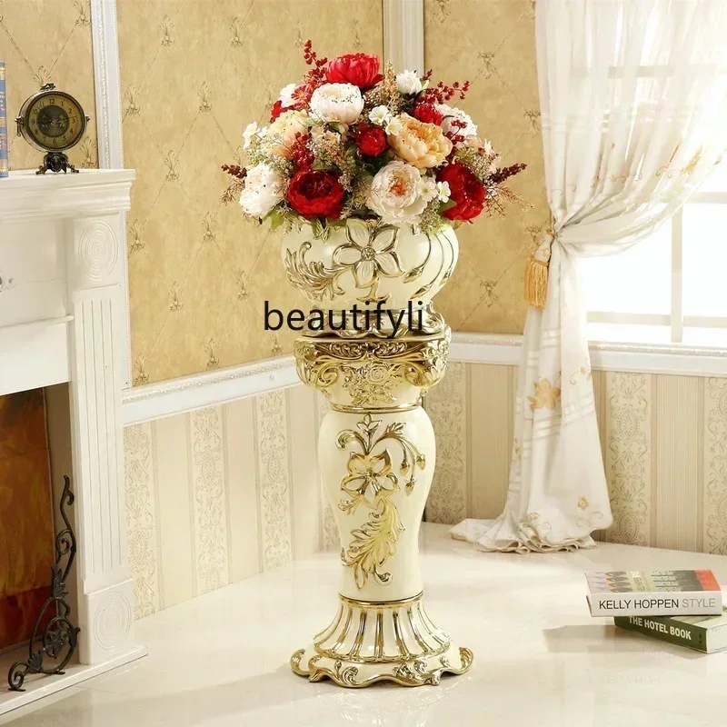 Roman Pillar Living Room Decoration High-Grade Ceramic Gold Floor Vase Large Entrance Decoration Creative