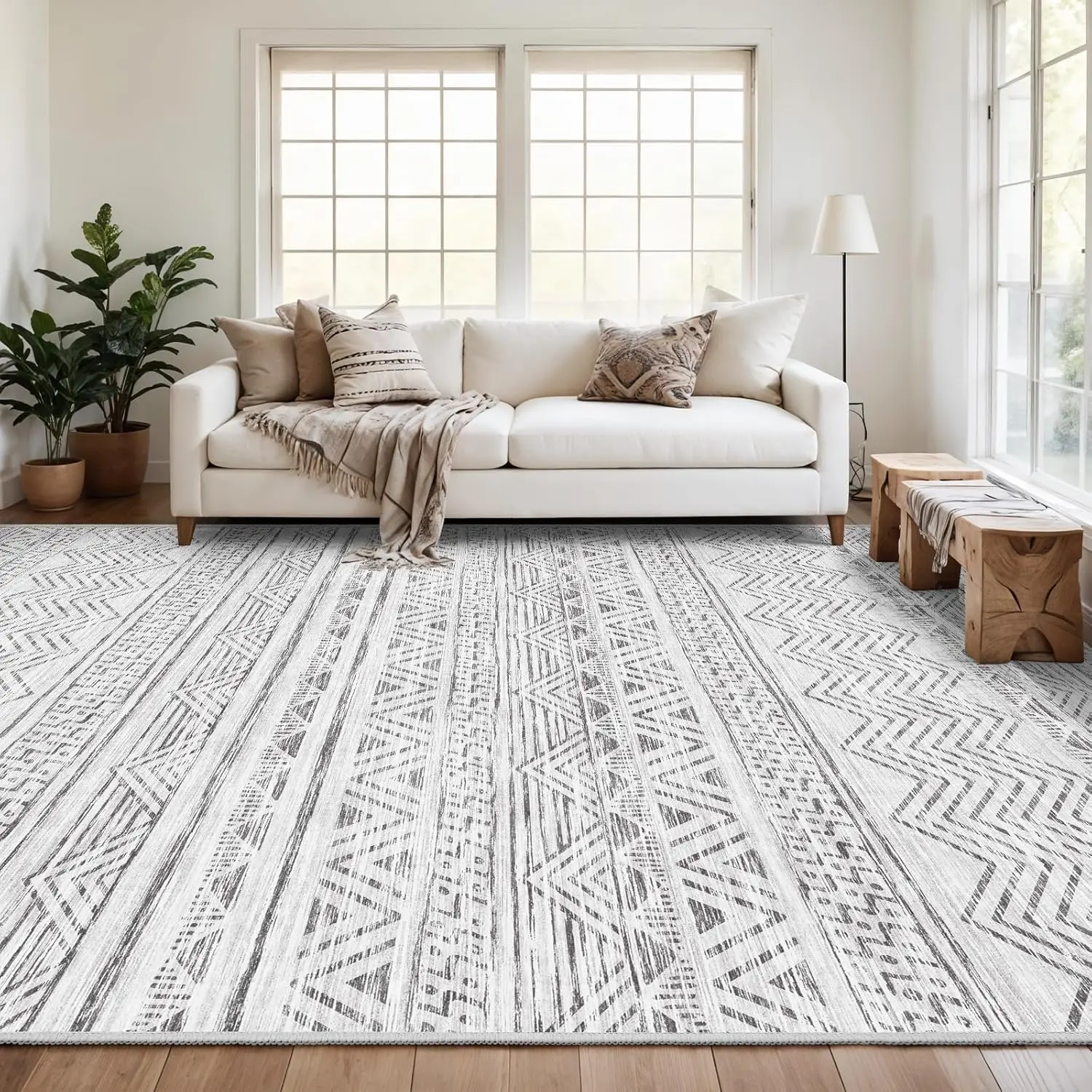 Large Moroccan Area Rug 10X14: Soft Modern Washable Farmhouse Rugs For Living Room Bedroom Machine Non-Slip Neutral Geometric