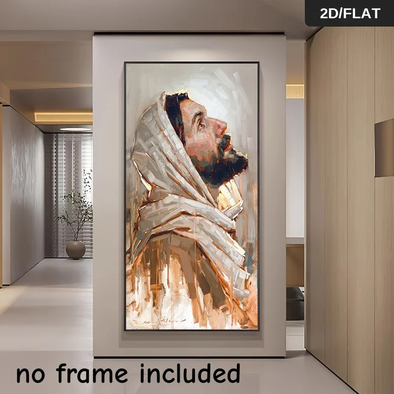Une peinture à l'huile représentant une figure religieuse, une pièce d'art montrant un homme réfléchissant portant un foulard, avec des traits de pinceau délicats. Chaud t