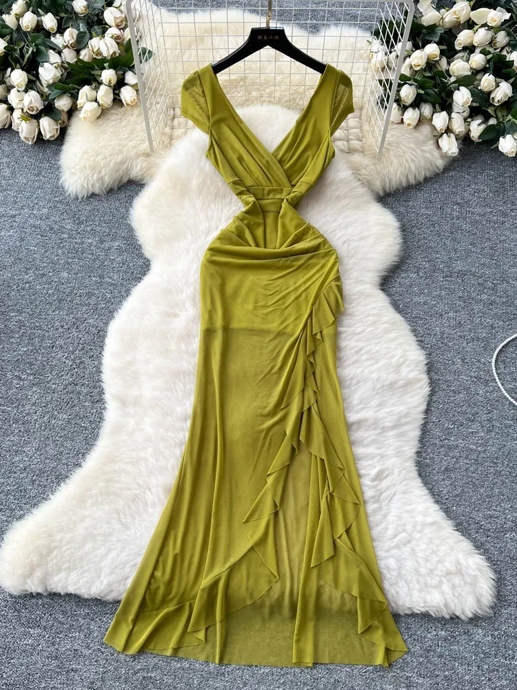 فستان صيفي نسائي بخصر مرتفع وخط A مع تطريز الدانتيل وفتحة جانبية، فستان ميدي بأكمام قصيرة على الطراز الكوري، فستان طويل ضيق.