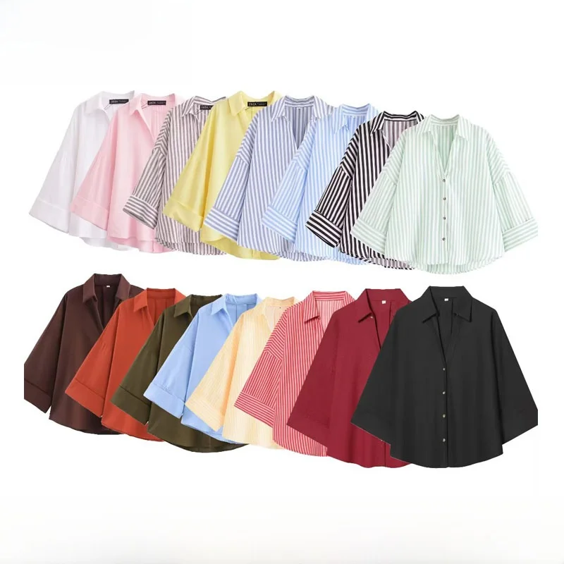 Faionable Street Sle mujer irt v-ne ancho Sve Simple combina todo todo nuevo Otoño Invierno fibra de poliéster largo Sve rayas