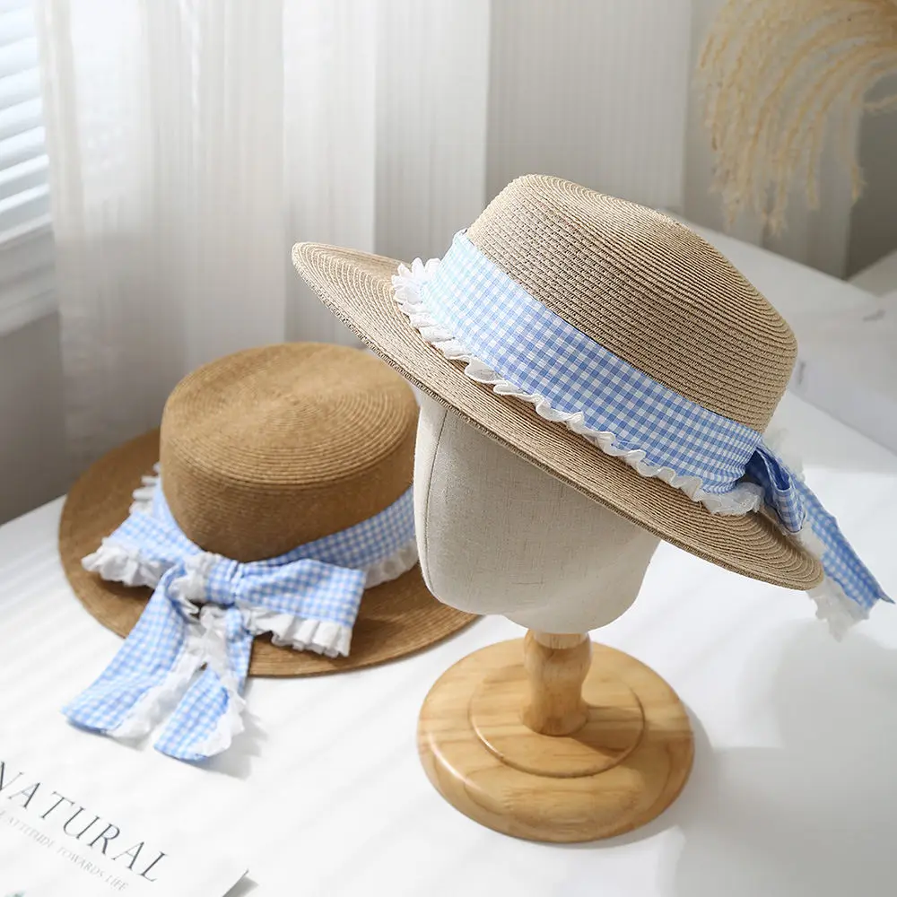

2025 Summer: Women's Little Loli - Style Blue Plaid Bow Flat - Top Straw Hat - Ideal for Seaside Travel & Sun Protection