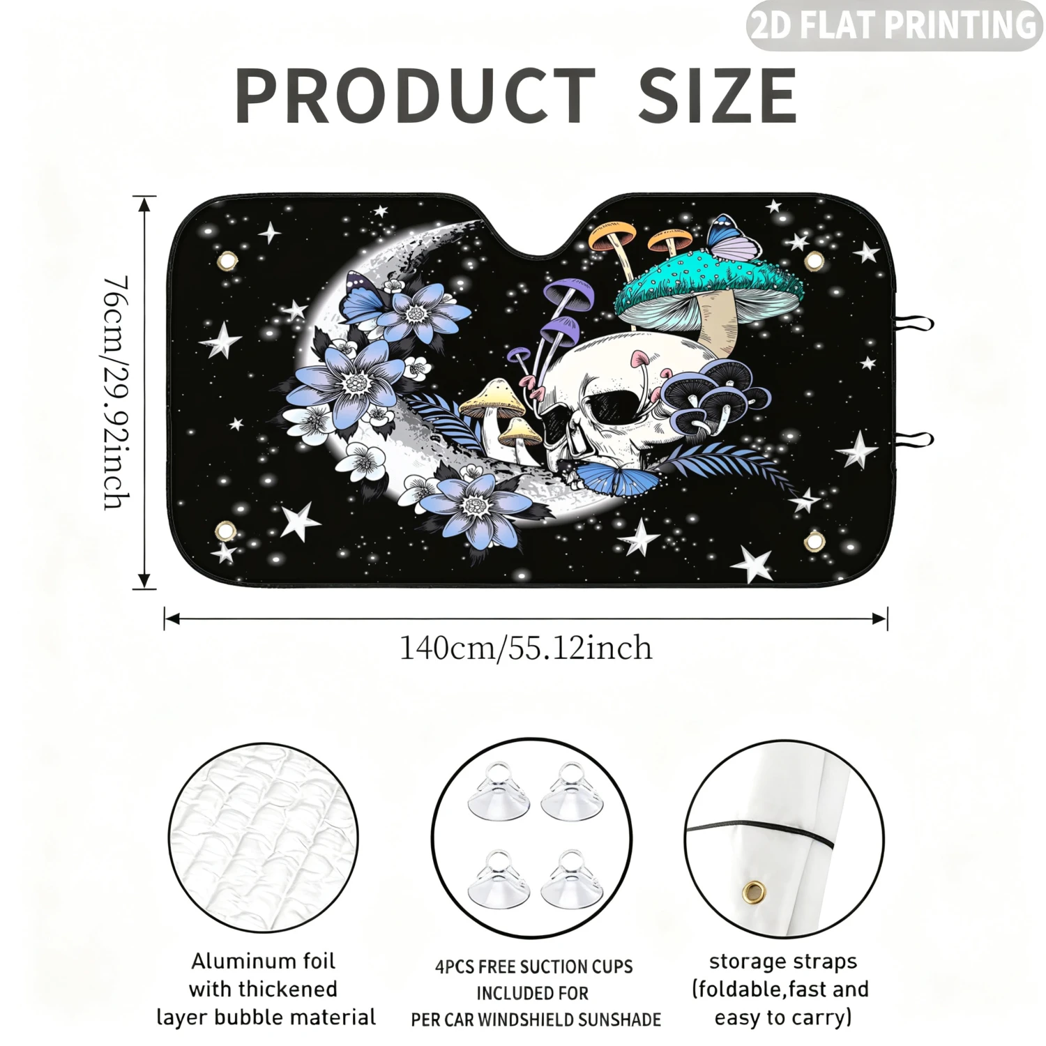 1pc Universal Car Windshield Sunshade, with Skull Moon Flower Star 2D FLAT Printing, with 4 Suction Cups, Protect Your Privacy