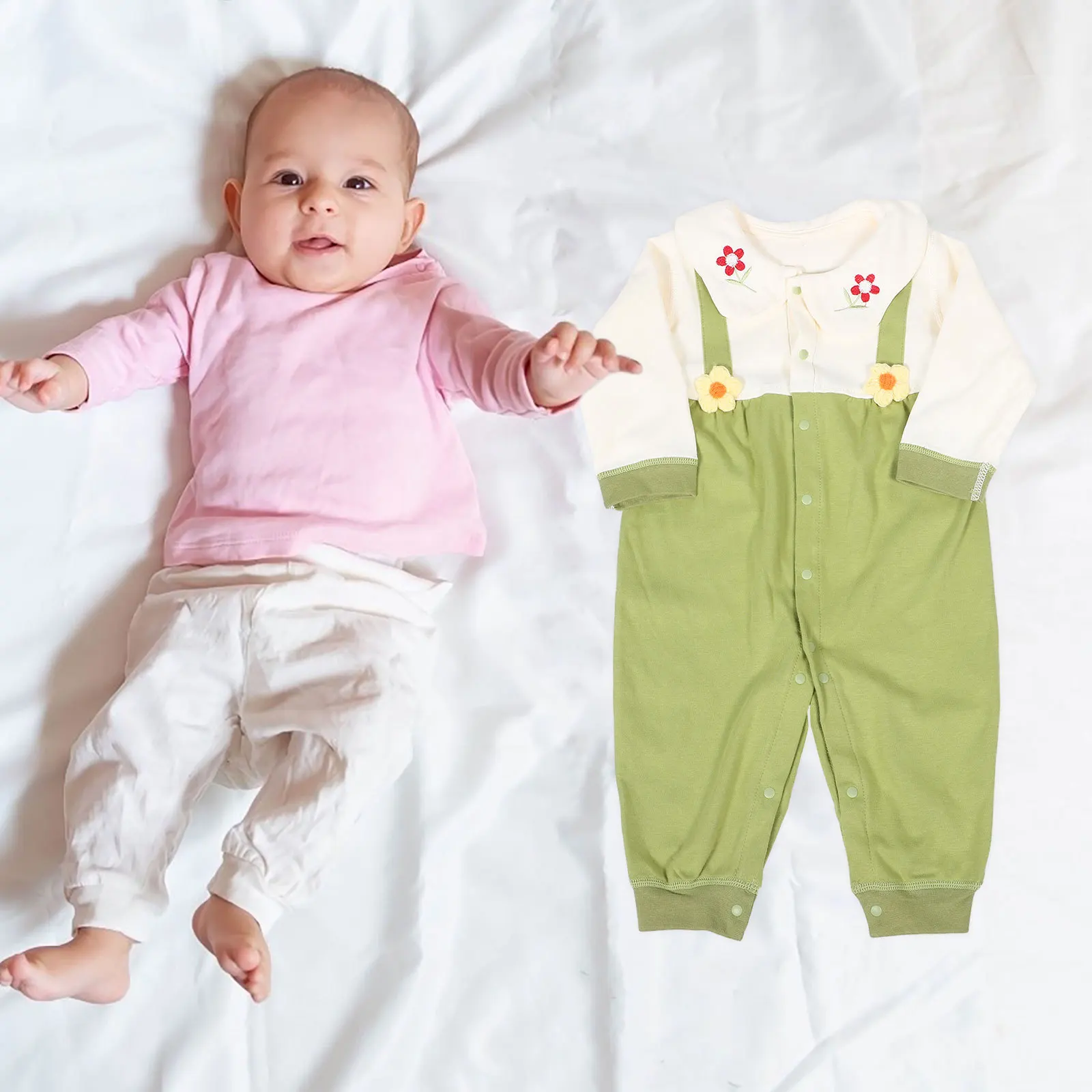 الوليد الطفل طويلة الأكمام القطن ارتداءها خمر طوق تصميم ملابس خاصة نزهة الملابس ربيع الخريف للجنسين رومبير للرضيع #3