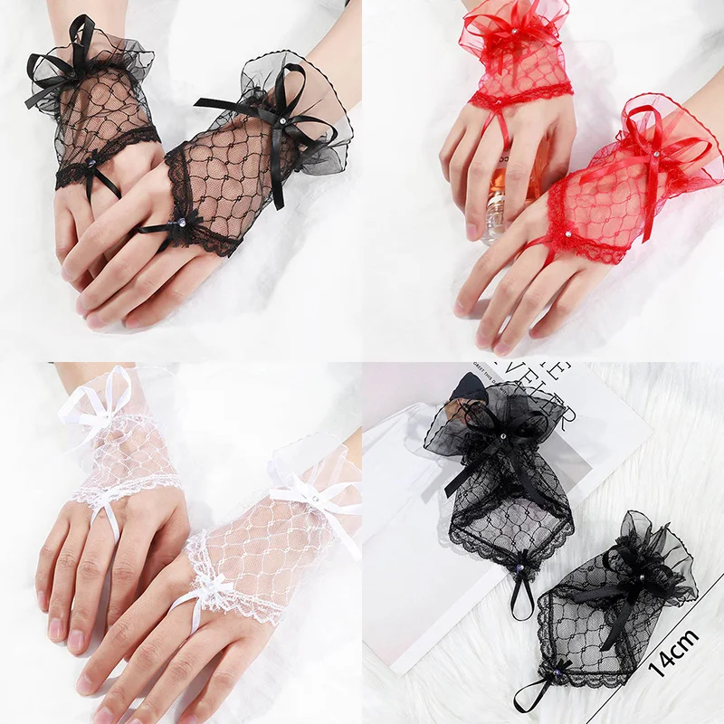 Spitze finger lose weiße Handschuhe schön durchsichtig Bowknot Braut Party Handschuhe einfarbig kurze Handschuhe Vintage weiches Weihnachts geschenk