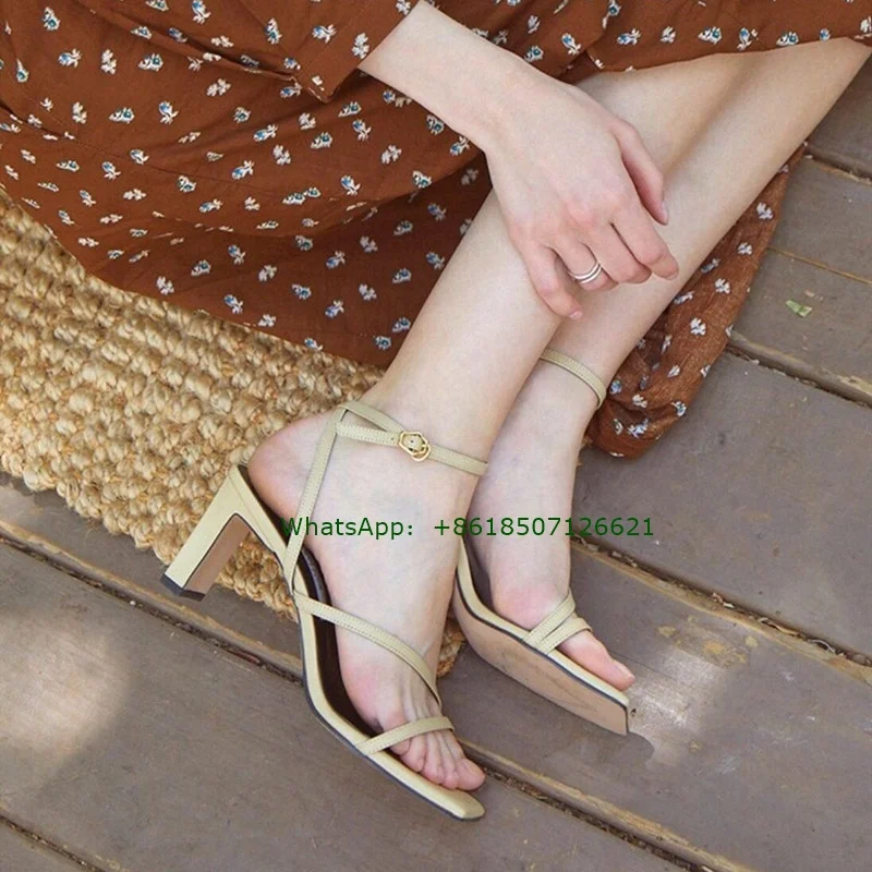 

2023 New Thick Heel Square Toe Strap Sandals Women's Summer Leather Cross Strap Roman High Heels