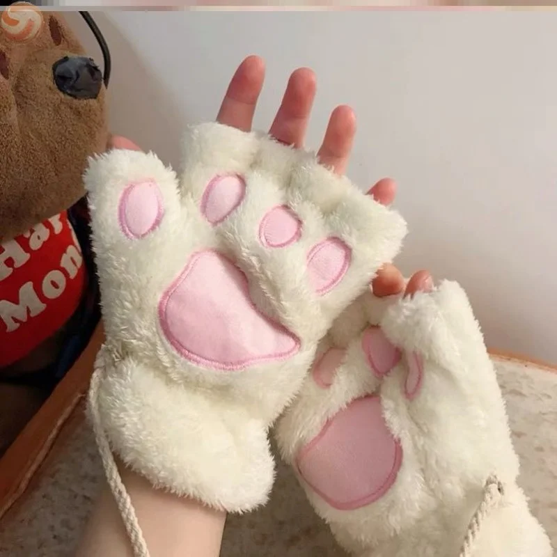 Women Bear Plush Cat Paw Claw Gloves Winter Faux Fur Cute Kitten Fingerless Mittens Gloves Christmas Halloween For Womens Girls