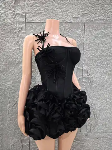 2025 Ny Svart Färg Kvinnor Sexig Axelbandslös Blommig 2 Pieces Bodycon Mini Bandage Klänning Fira Nattklubb Fest Bar Sångare Klänning 10 best sales bodycon-klänning - №8