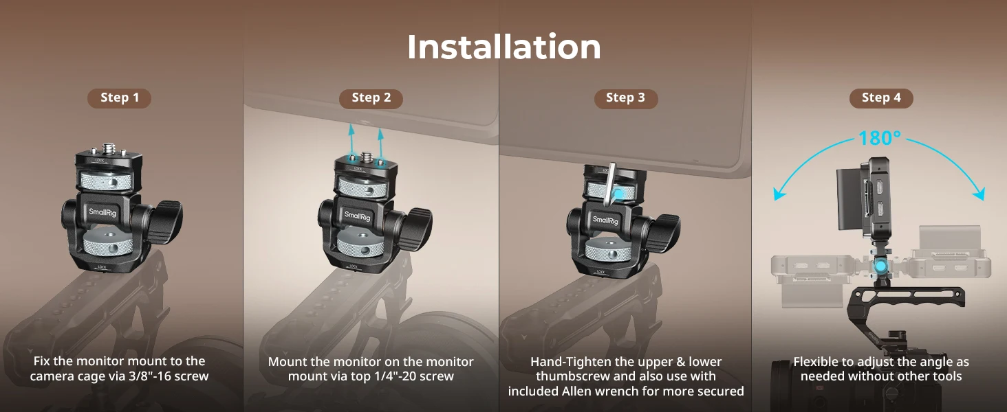 SmallRig-Monitorhalterung für horizontale und vertikale Aufnahmen mit ARRI 3/8"-16 Positionierungsschraube bietet 180°-Bewegung. ° Neigung und 360-Grad-Drehung ° Pan -6314 – Detail 7