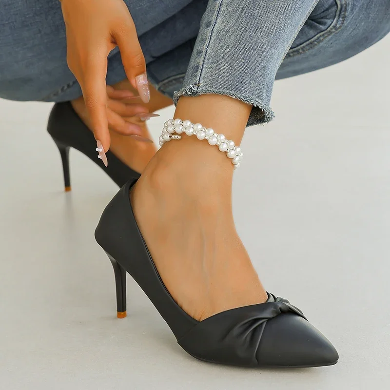 

2025Женские классические белые туфли-лодочки, модные банкетные модельные туфли с острым носком, большие размеры, осенние туфли-лодочки на шпильке Mujer