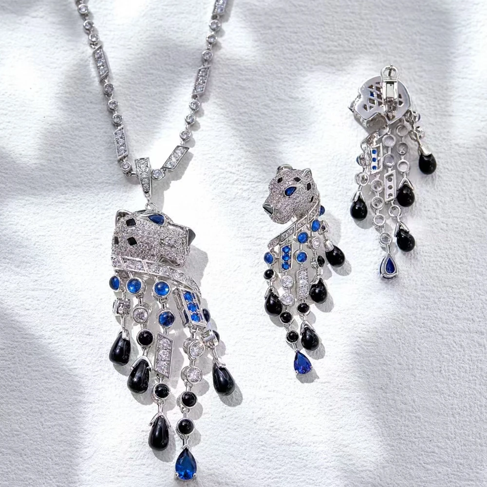 Women Large Black Blue Stone Leopard Tassel Panther Pendants Neckalce Earrings Luxury Designer Silver Gold plated Jewelry Sets