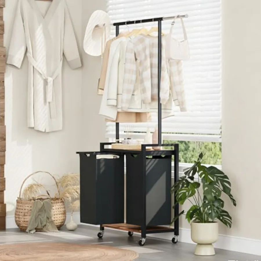 

2-Section Rolling Laundry Cart with Hanging Rack and Utility Shelf Laundry Sorter Hamper with Lockable Wheels Laundry Basket Or