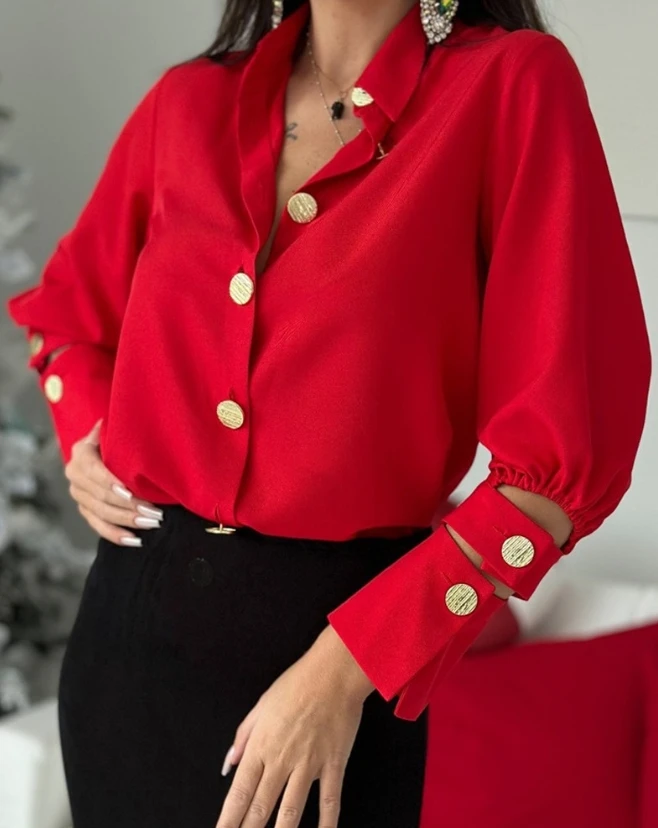 Rib Hollowed Out Long Sleeved Top, New Hot Selling Fashion Casual Lapel Button Up Single Breasted Shirt with Unique Design