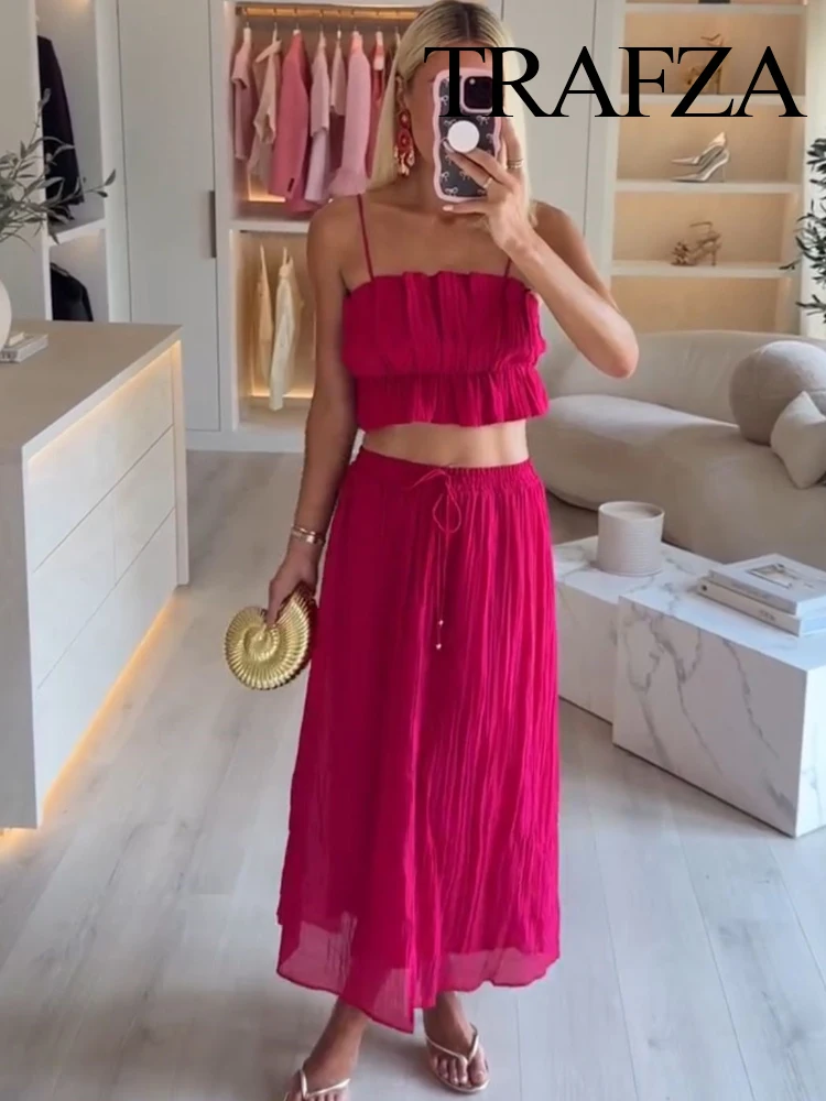 

TRAFZA Women Summer Elegant Backless Pleated Decoration Sleeveless Sling Short Top+Elastic Waist Bow Lace-up Midi Skirt Set