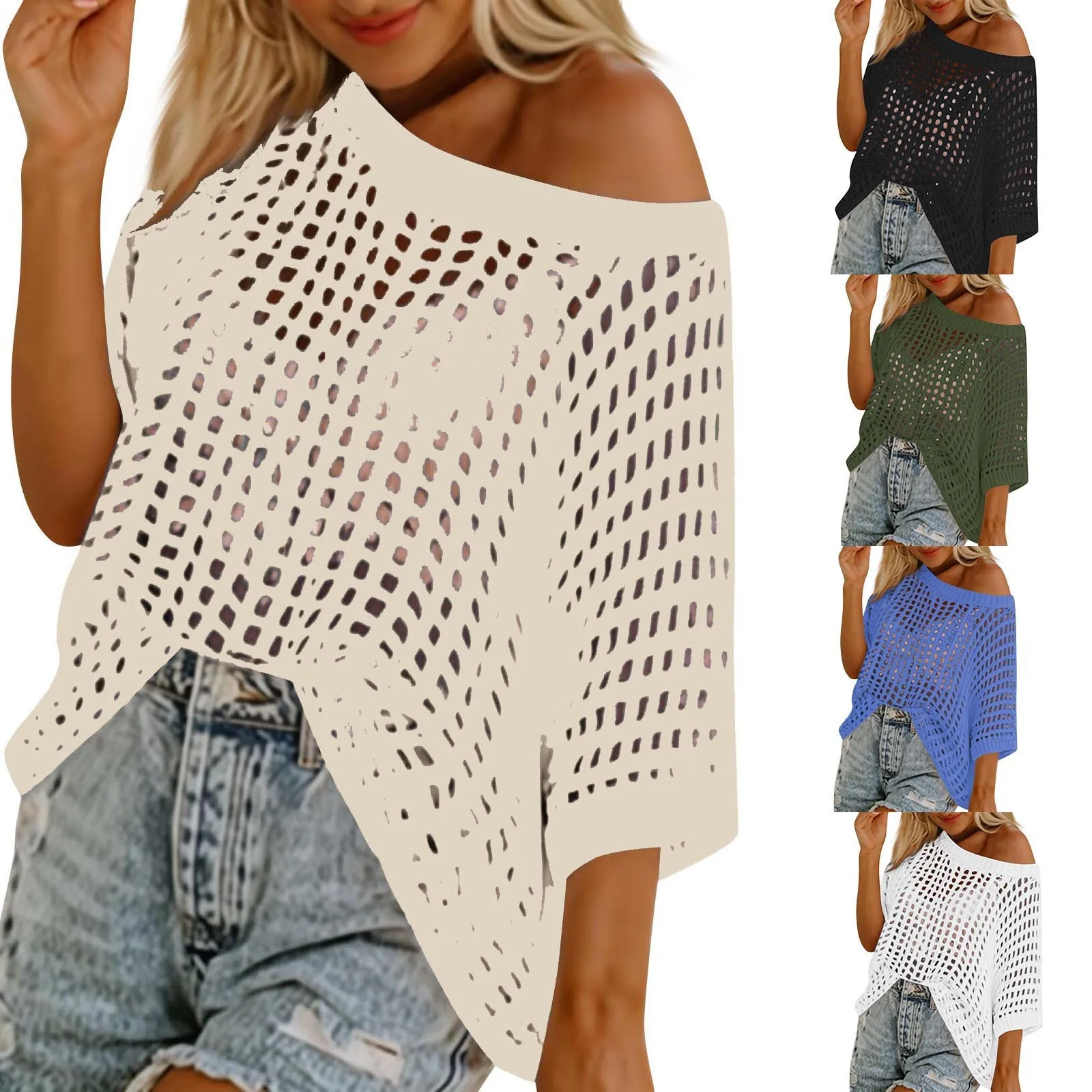 New Summer Hollow Out Knit Pullovers Women Casual Y2k Clothes Smock Tops Shirts Sweater Crochet Knitted Beach Cover-up