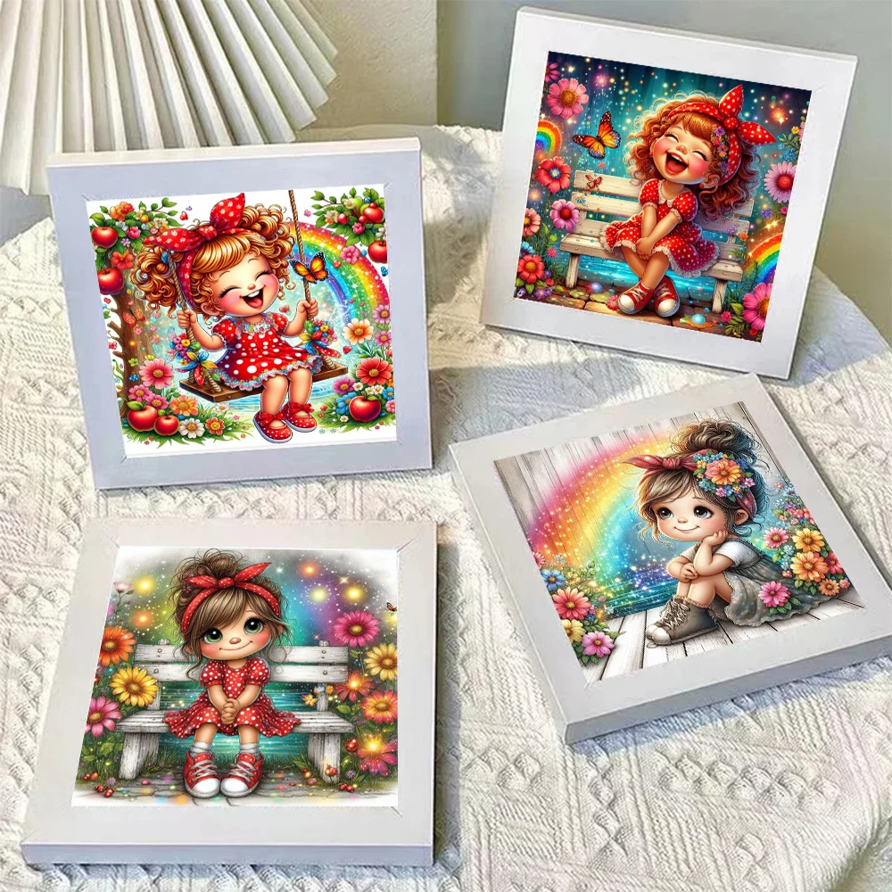 Cute Cartoon Girl Wearing Floral Skirt Diamond Painting Mosaic Kits Flower Rainbow Bench 5D Full Drills Embroidery Cross Stitch