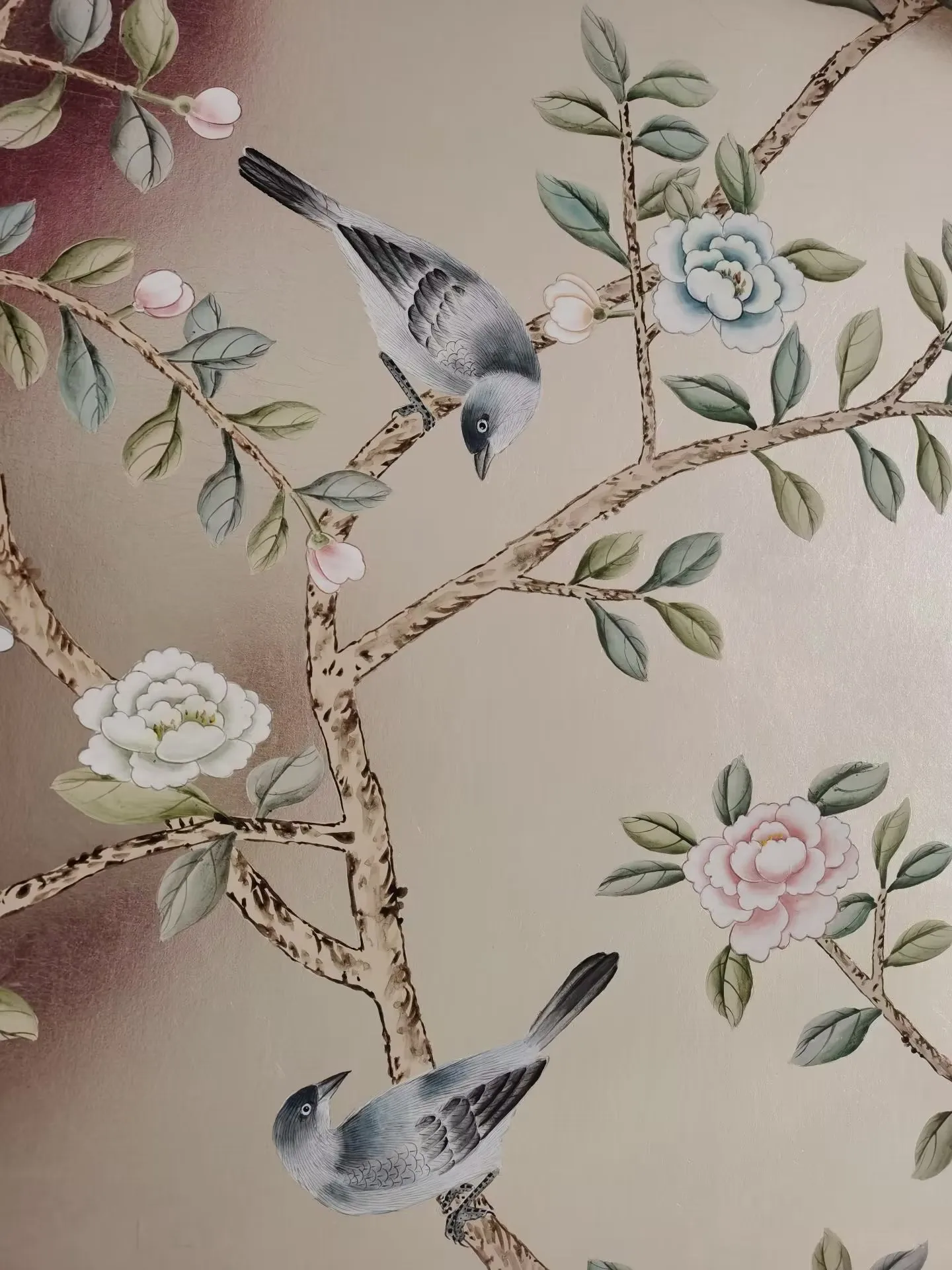 Imagem -04 - Personalizado Luxo Feito à Mão Ouro Dourado Papéis de Parede Pintados à Mão Flores & Pássaros Quarto Sala de Estar Estudo Sala de Jantar Varanda Sofá Parede tv