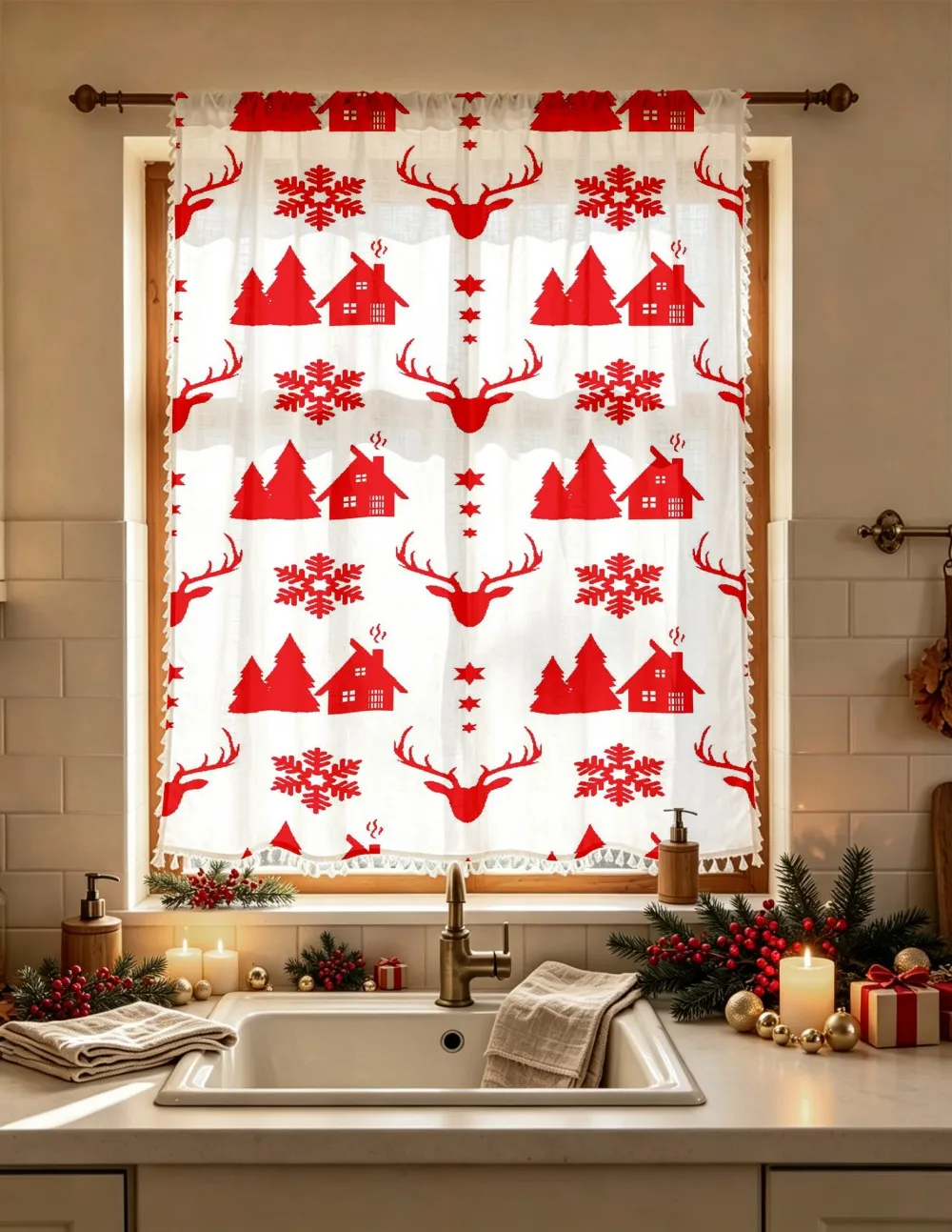 1PC Christmas Tassel Sheer Curtains, Red Reindeer Snowflake Tree, Digital Print, Linen Polyester, Bedroom Living Room Home Decor