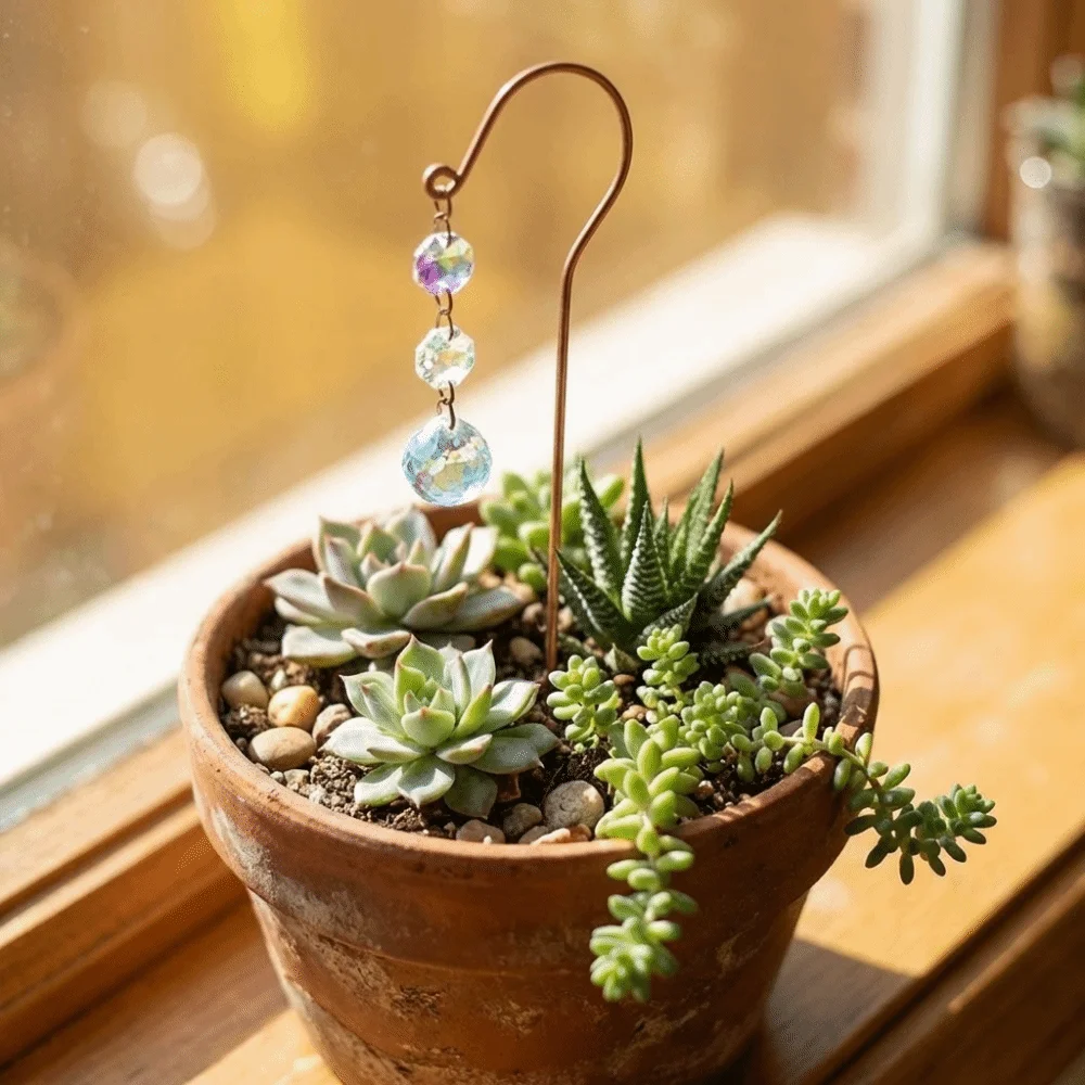Reflective Crystal Garden Stake Handmade Hanging Crystal Suncatcher Bonsai Creative Exquisite Plant Decoration