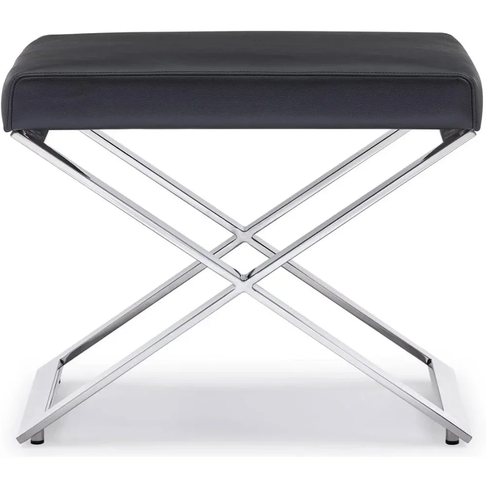 Modern Fenix Ottoman - Black Leatherette with Polished Stainless Steel Base