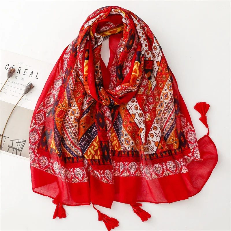 Fashion Viscose Cotton Scarf Tassel Women Red Shawl Soft Scarves Outdoor Sunscreen Echarpe Breathable Neckerchief