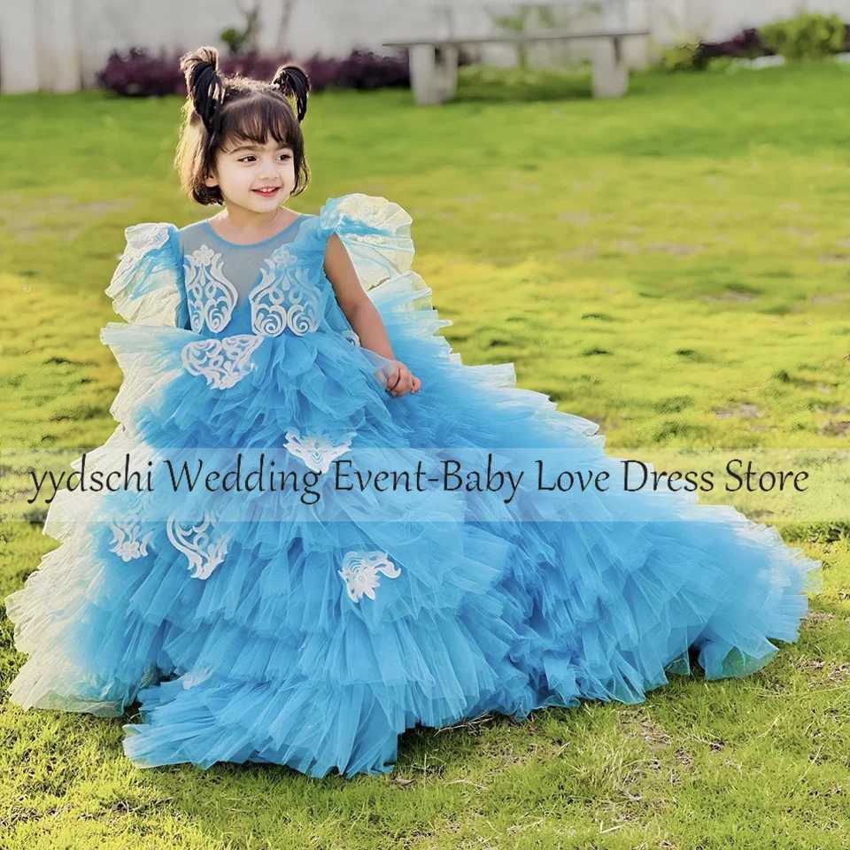 

Customized Flower Girl Dresses 2024 Sky Blue Girls Cute Lace Dresses Formal Gowns Wedding Party Tulle Junior Bridesmaid Dress