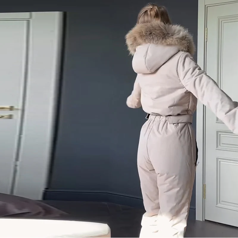 Ski-Overall mit Kunstfellkragen, tailliert, für Damen, sportlich, mit Kapuze, Laternenärmeln, Reißverschlüssen, schmal geschnitten, Winter-Skibekleidung für Damen – Detail 34
