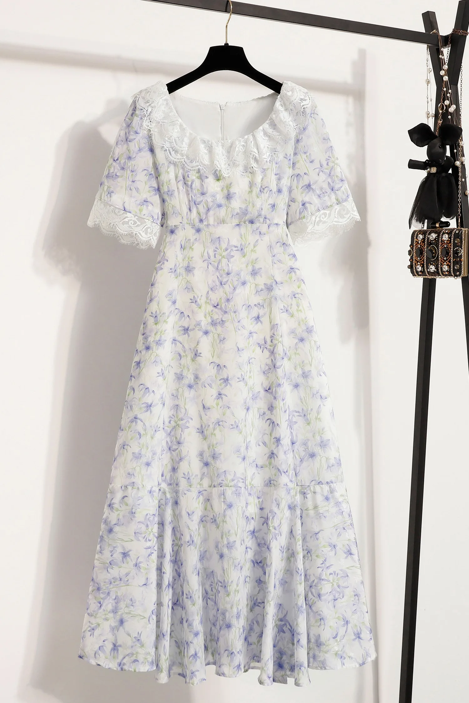 Letnia Elegancka Sukienka Damska Szyfonowa w Kwiaty Temperament Dekolt O-Neck Krótkie Rękawy Wysoki Stan Wyszczuplająca Długa Sukienka Codzienna Słodka Sukienka