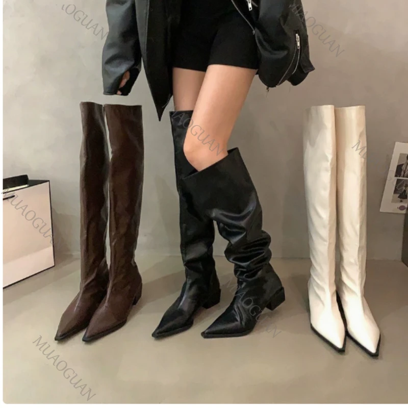 

Женские сапоги выше колена, модные замшевые сапоги с острым носком, на толстом среднем каблуке, ковбойские длинные сапоги в западном стиле для осени и зимы