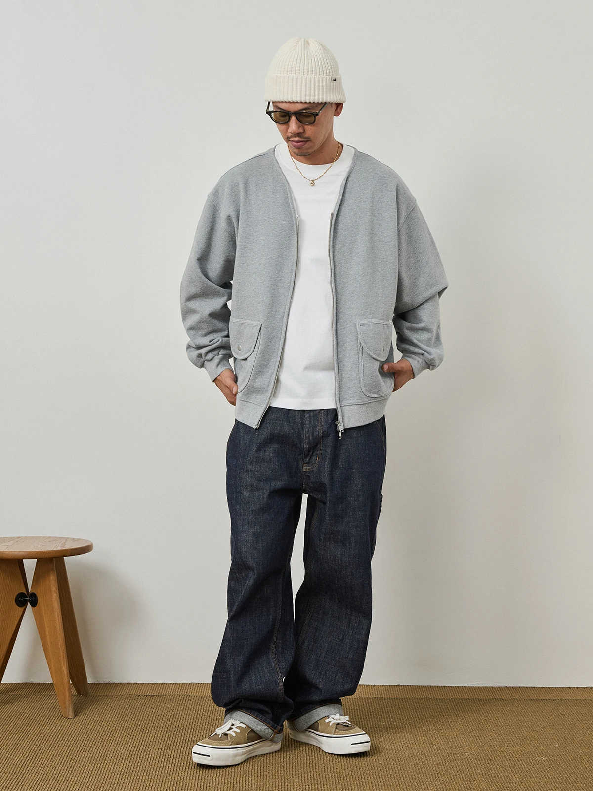 Broshood 25AW Men's Loose Fit Vintage Washed V-Neck Open Cardigan Long Sleeve Zipper Hoodie Jacket Casual Style Cotton Fabric