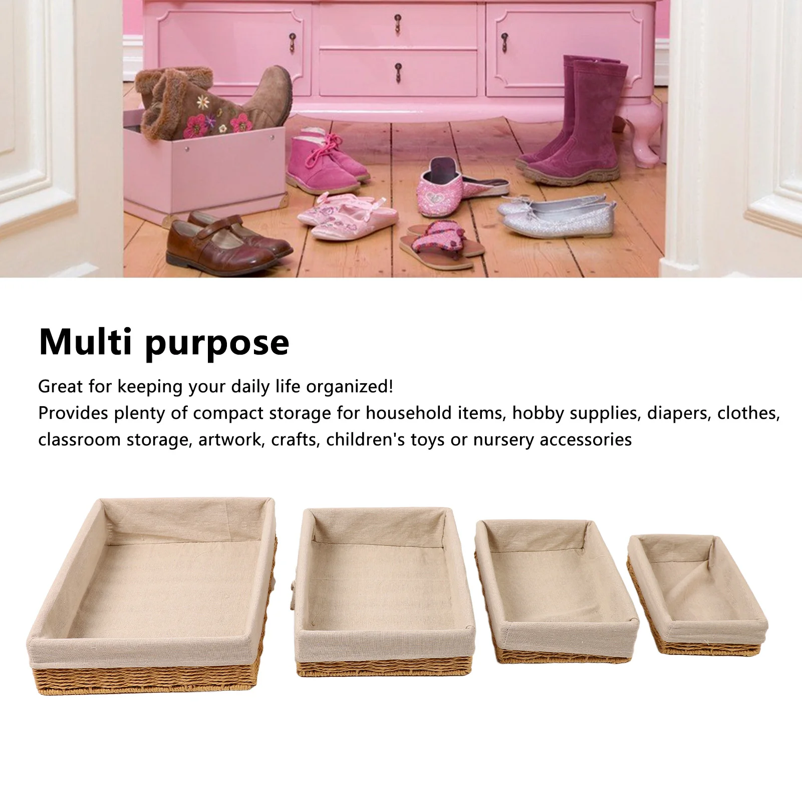 

Набор из 4 плетеных корзин для хранения, 4 разных размера, большая вместимость, прочные, из натуральных волокон, для организации дома, декоративный поднос