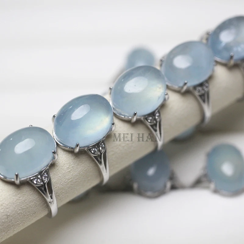 Meihan Wholesale Natural Aquamarine Gem Stone Oval Beads Adjustable Ring Women For Jewelry Making Gift