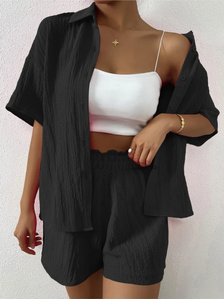 للنساء بلون عادية زر فضفاض سراويل قصيرة مجموعات الصيف أنيقة المرأة قطعتين دعوى الزي الإناث الملابس
